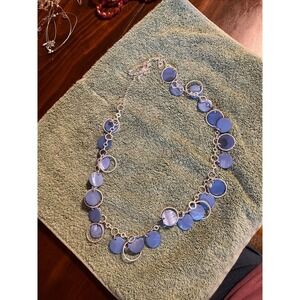 Blue Shell Disc Silver Tone Ring Statement Necklace Adjustable Link Chain Boho